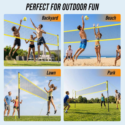 People playing volleyball and badminton with a Backyard 2 In 1 Volleyball And Badminton Net Set With Adjustable Height From 5.1 To 8 Feet And Width From 20 To 32 Feet