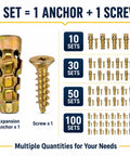 6x14mm Short Expansion Screw Set For Stripped Cabinet Hinge Holes 100 Pack Repair Kit shown with available set quantities