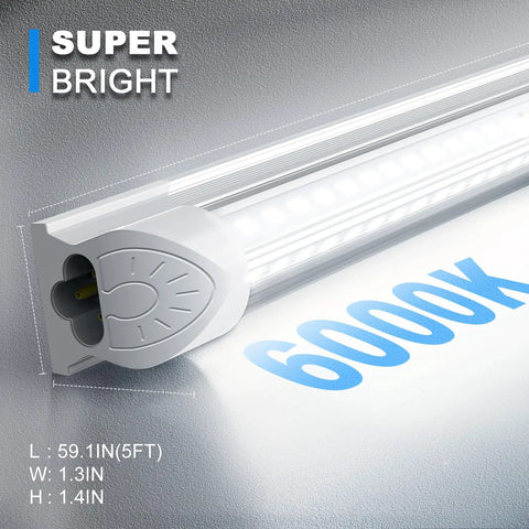 Close-up of 5-foot V-shape LED shop light, 6000K cool white, labeled "SUPER BRIGHT", part of 25 Pack 5 Foot LED Shop Lights With V Shape Design