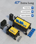 47 Inch Collapsible Wagon Cart With Mega 300 Liter Capacity showing folded and open states with load and space capacity labels