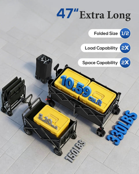 47 Inch Collapsible Wagon Cart With Mega 300 Liter Capacity showing folded and open states with load and space capacity labels