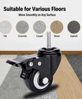 No Roll Guaranteed Dual Lock Caster Wheels 2 Inch Heavy Duty Swivel Casters Set Of 4 M8 Threaded Stem Mount close-up on various floors.
