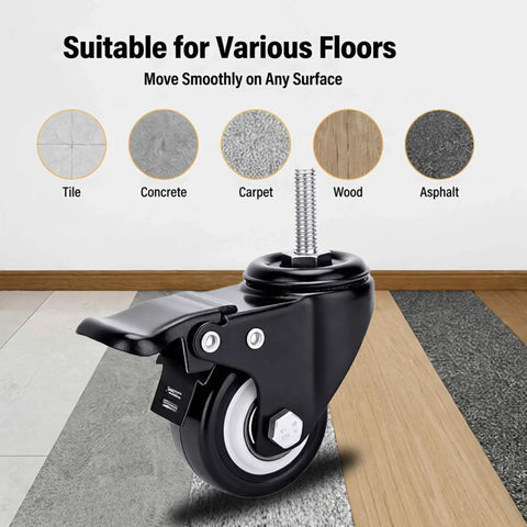 No Roll Guaranteed Dual Lock Caster Wheels 2 Inch Heavy Duty Swivel Casters Set Of 4 M8 Threaded Stem Mount close-up on various floors.