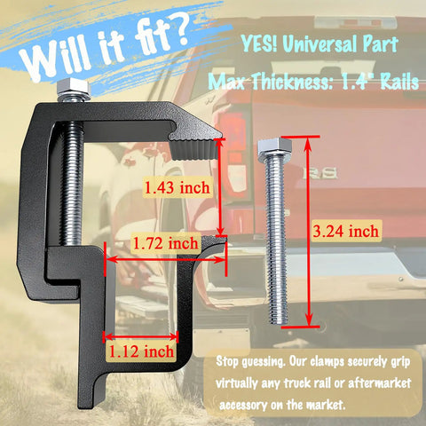 Rock Solid Heavy Duty Mounting Clamps For Truck Cap And Camper Shell Hardware Locks In Tight On The Road Fits Silverado Sierra Ram F150 8 Piece Kit In Sleek Black, showing dimensions for universal fit.