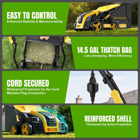Electric Dethatcher And Scarifier 2 In 1 16 Inch Wide Rake With Five Position Depth 14.5 Gallon Collection Bag Quick Fold Lawn Scarifier.