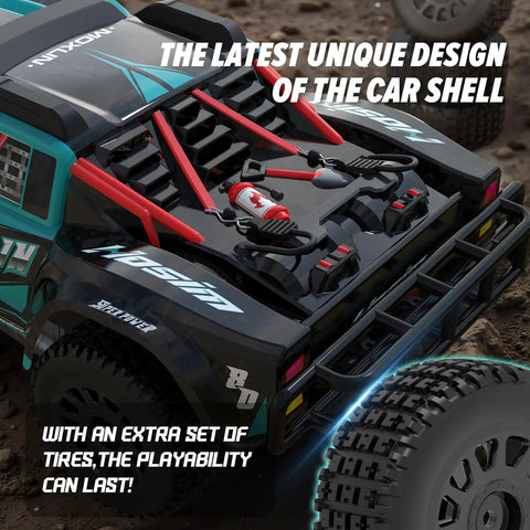 Brushless 4x4 RC Truck for Adults Hits 50 MPH, 1/14 Scale with unique shell design and spare tire detail in the image.