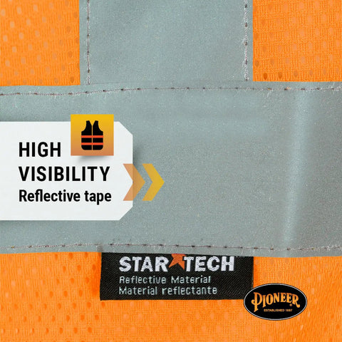 Close-up of Class 2 High Visibility Mesh Safety Vest with reflective tape feature for traffic control and crew jobs in bright orange.