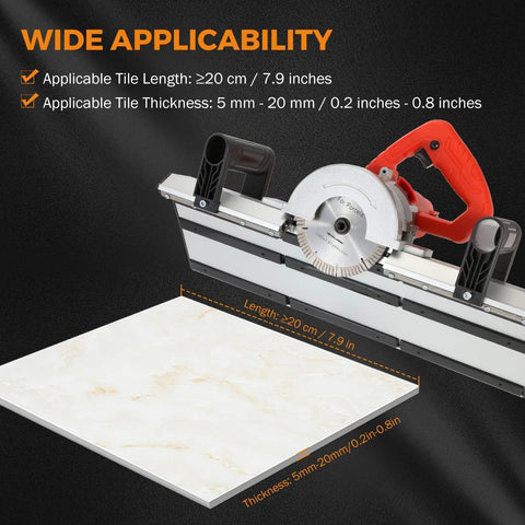 Heavy Duty Electric Tile Angle Cutting Machine With 43 Degree Chamfering Guide For Ceramic Tiles Smooth Bevel Cuts, showing tile size applicability.