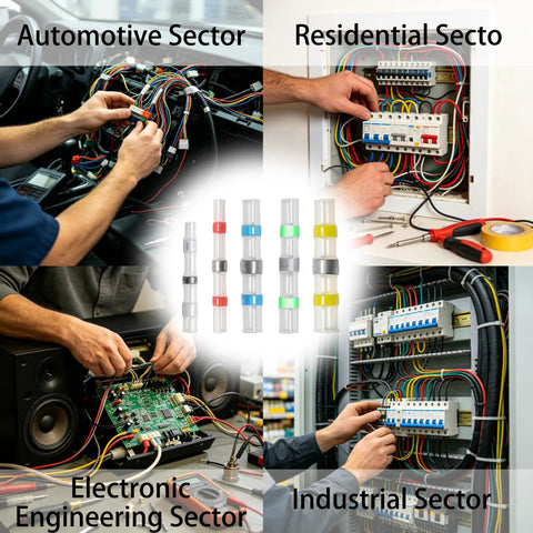 Hands working with Solder Seal Heat Shrink Wire Connectors 182 Pieces Assorted Kit In Five Colors for automotive and residential wiring.