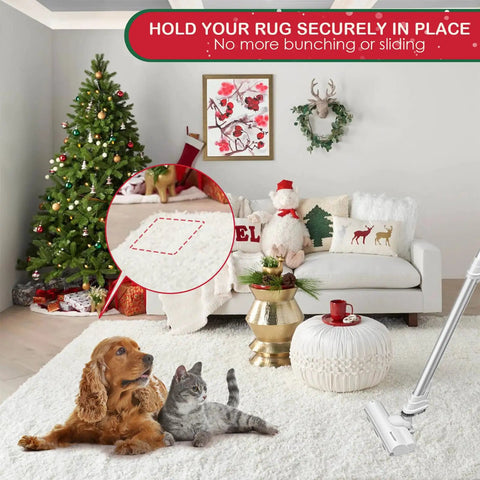 Decorated living room with Christmas tree using 12 Piece Rug Pad Gripper Set For Hardwood Floors With Non Slip Pads and Reusable Anchors