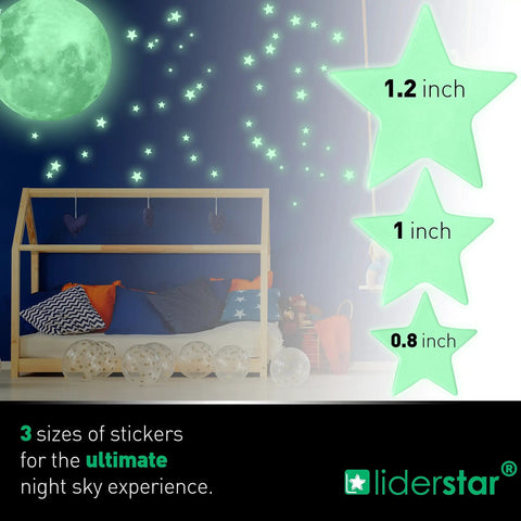 Glow In The Dark Ceiling Stars And Moon Wall Decals For Kids Bedroom Or Nursery, with 220 star stickers in three sizes.