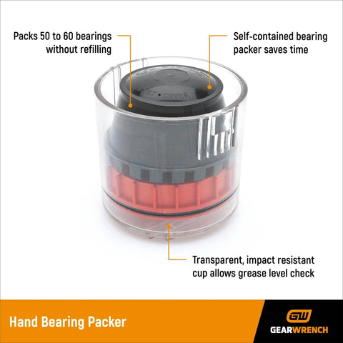 Hand Bearing Packer For Quick Grease Loading Holds Fifty To Sixty Bearings Per Fill Transparent Cup Lets You Check Grease Level Fits All Cage Type Roller And Ball Bearings Up To Two Inch Bore Self Contained Packer For On The Go Use shown in black and red with transparent cup.