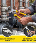 Person using pliers from 155 Piece Household Hand Tool Set With Toolbox Chrome Vanadium Construction for plumbing repair