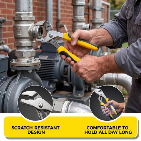 Person using pliers from 155 Piece Household Hand Tool Set With Toolbox Chrome Vanadium Construction for plumbing repair