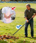 Man using Heavy Duty 16 Inch Metal Garden Rake With 56 Inch Handle And 11 Steel Tines For Thatch Removal And Tough Yard Debris Cleanup