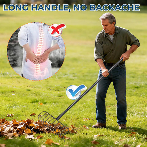Man using Heavy Duty 16 Inch Metal Garden Rake With 56 Inch Handle And 11 Steel Tines For Thatch Removal And Tough Yard Debris Cleanup