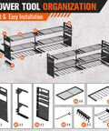 Image of a Two Pack Heavy Duty Power Tool Organizer Wall Mount with 18 Drill Holders and 600 Lbs Capacity Three Layer Garage Storage Rack in Black.