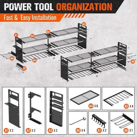 Image of a Two Pack Heavy Duty Power Tool Organizer Wall Mount with 18 Drill Holders and 600 Lbs Capacity Three Layer Garage Storage Rack in Black.
