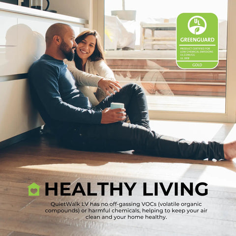Happy couple enjoying a healthy living space on Heavy Hitter Underlayment Roll For Luxury Vinyl Plank Laminate And Engineered Wood Floors Sound Blocking Dense Comfort 50 Square Foot Spool.
