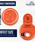 Wide Mouth Plastic Mason Jar Lids 4 Pack With Flip Cap Pour Spout And Drink Hole No Spill Easy Pour Fits Kerr Ball Canning Jars For Wet Dry Food And Liquids Made In USA Orange, showing dimensions.