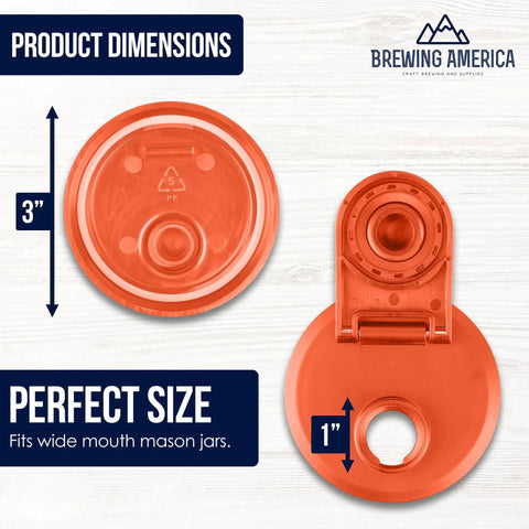 Wide Mouth Plastic Mason Jar Lids 4 Pack With Flip Cap Pour Spout And Drink Hole No Spill Easy Pour Fits Kerr Ball Canning Jars For Wet Dry Food And Liquids Made In USA Orange, showing dimensions.