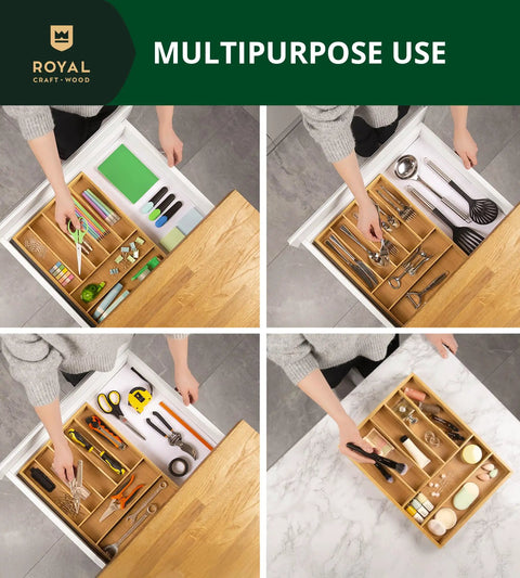 Premium Bamboo Utensil Rack And Silverware Organizer For Kitchen Drawers, 7 Slot Cutlery Tray With Grooved Dividers, Natural Finish