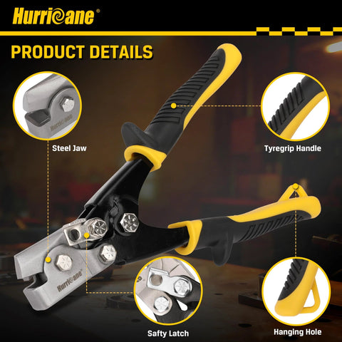 Hurricane Snap Lock Punch Tool, 3/8 in gutter end-cap crimper, steel jaws, black/yellow Tyregrip handle.