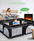 Big Baby Playpen 71x59 Inch With Gate No Fuss, sturdy infant playard with breathable mesh in living room setting with child inside.