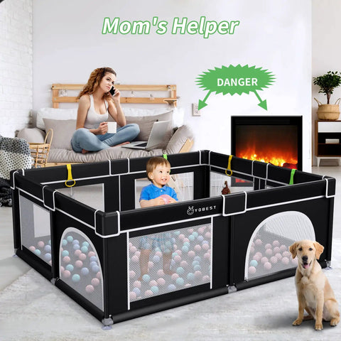 Big Baby Playpen 71x59 Inch With Gate No Fuss, sturdy infant playard with breathable mesh in living room setting with child inside.