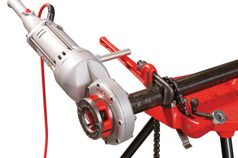 Badass 120V Handheld Power Pipe Threader For Plumbing And Conduit Tasks Compatible With 12-R 00-R 00-RB 11-R Die Heads close-up view.