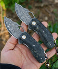 Two Damascus Steel Pocket Folding Knives with 2.45 Inch Razor Sharp Blade Handmade Craftsmanship Stabilized Wood Handles.