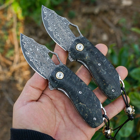 Two Damascus Steel Pocket Folding Knives with 2.45 Inch Razor Sharp Blade Handmade Craftsmanship Stabilized Wood Handles.