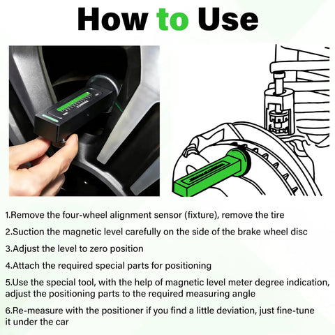 Pro Grade Universal Wheel Alignment Tool With Strong Magnetic Mount and Hella Accurate Negative 5 To 5 Degree Camber Adjustments For Smooth Ride Tuning and Quick Garage Fixes in Black being used on a brake wheel disc.