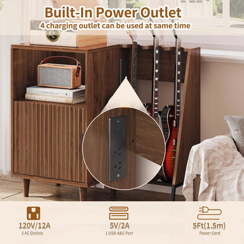 Mid Century Music Cabinet With Built In Outlets And Vinyl Record Storage showing built-in power outlets for guitars and devices.