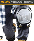 Spring Loaded Heavy Duty Knee Pads For Work Construction And Carpentry Pain Free All Day Protection With 6 Spring Suspension System Perfect For Tiling Flooring Roofing And More, shown on a worker's knee