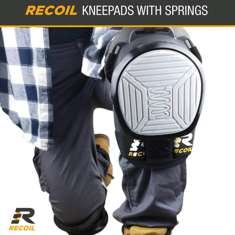 Spring Loaded Heavy Duty Knee Pads For Work Construction And Carpentry Pain Free All Day Protection With 6 Spring Suspension System Perfect For Tiling Flooring Roofing And More, shown on a worker's knee