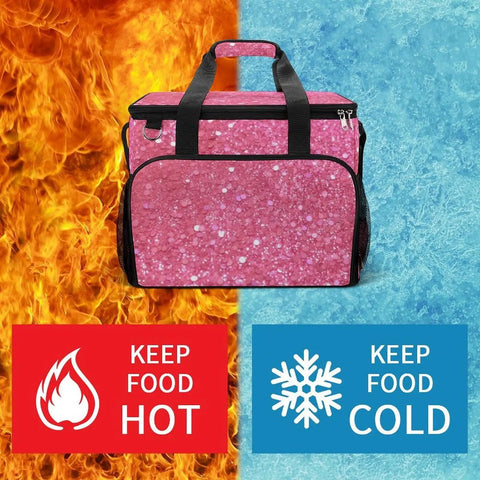 Sparkling Pink Glitter Insulated Picnic Backpack Tote Bag 30L Large Capacity Leakproof Waterproof Cooler Bag with hot and cold symbols