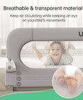 Foldable Toddler Bed Rail Guard With Bulletproof Anchor Strap And Zero Slide Base Design Heavy Duty Grey Toddler Barrier Rails For Tiny Humans Sleep Tight All Night Long breathable mesh design with child playing in bed