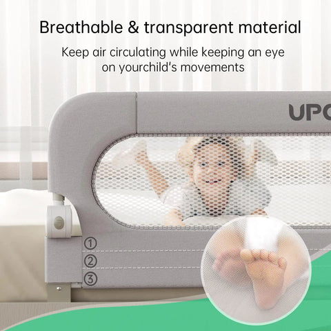 Foldable Toddler Bed Rail Guard With Bulletproof Anchor Strap And Zero Slide Base Design Heavy Duty Grey Toddler Barrier Rails For Tiny Humans Sleep Tight All Night Long breathable mesh design with child playing in bed