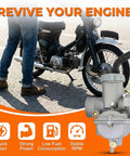 Carburetor Kit For 50cc 70cc 90cc 110cc 125cc 4 Stroke Engines With Air Filter And Intake Manifold Fits Kazuma Baja TaoTao NST SunL Chinese Quad ATV Go Kart Dirt Bike Simple Bolt On Upgrade displayed with motorcycle.