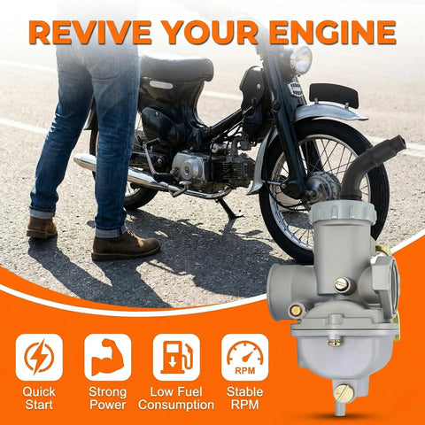 Carburetor Kit For 50cc 70cc 90cc 110cc 125cc 4 Stroke Engines With Air Filter And Intake Manifold Fits Kazuma Baja TaoTao NST SunL Chinese Quad ATV Go Kart Dirt Bike Simple Bolt On Upgrade displayed with motorcycle.