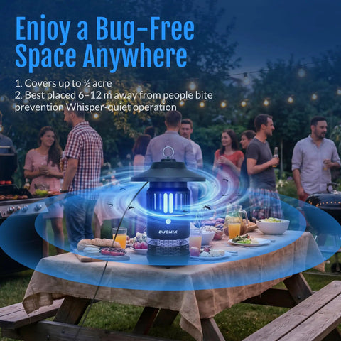 12V Plug In Mosquito Trap For Outdoor And Indoor Use With UV LED Attraction on picnic table, garden party in background