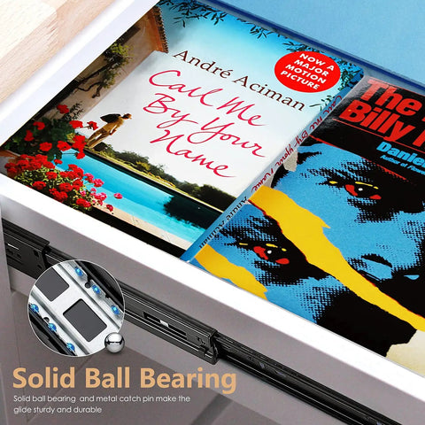 Close-up of 14 Inch Soft Close Drawer Slides with books, showing black ball bearing and side mount glides for smooth operation