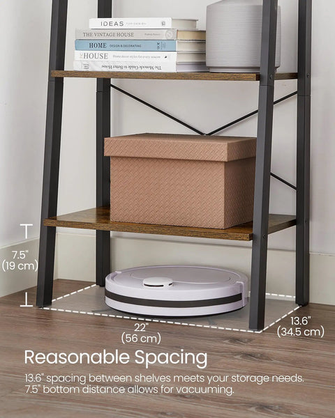 Close-up of 4-Tier Ladder Shelf Storage Rack With Steel Frame Bookcase showing spacing for books and decor.