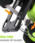 Close-up of tool-free blade change feature on Badass 12V Cordless Jigsaw Kit With 10 Durable Alternating Teeth Blades And Precision Edge Guide.