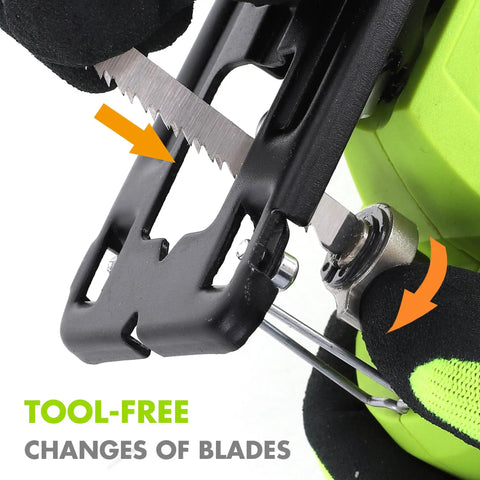 Close-up of tool-free blade change feature on Badass 12V Cordless Jigsaw Kit With 10 Durable Alternating Teeth Blades And Precision Edge Guide.
