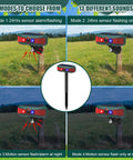 Solar Powered Outdoor Alarm Motion Sensor With 129dB Siren, Ultrasonic Detector And Strobe Light, 4 Modes For Critter Deterrent, Waterproof Security System For Home And Farm (Red) mounted on post, 4 mode display