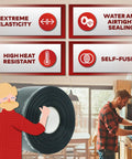 Self-Fusing Silicone Tape Pro Black 1.5 Inch By 15 Feet No Glue Required Weatherproof Sealing Tape with features icons displayed