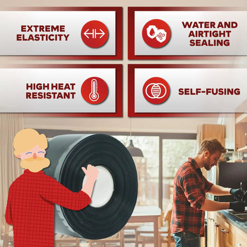 Self-Fusing Silicone Tape Pro Black 1.5 Inch By 15 Feet No Glue Required Weatherproof Sealing Tape with features icons displayed