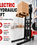 Rock Solid 3306 Lbs Semi Electric Pallet Stacker lifting a pallet of boxes in a warehouse with smooth hydraulic system.